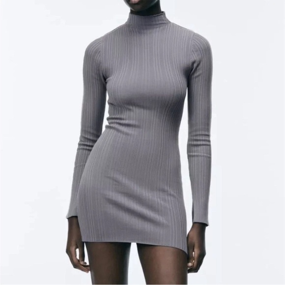 Zara Women's Long Sleeves Mini Dress Size M Gray Fitted Knit Stretch NWT $49.90 - Picture 1 of 16